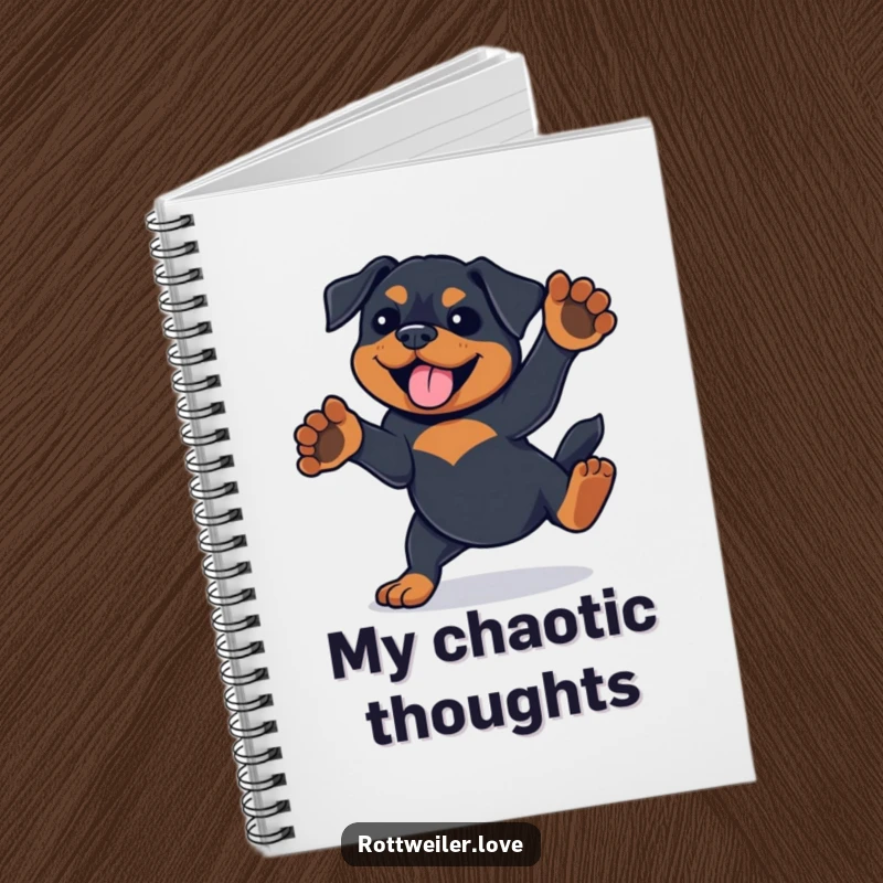 Funny Rottweiler with paws in the air, spinning playfully, on a notebook cover for creative ideas.