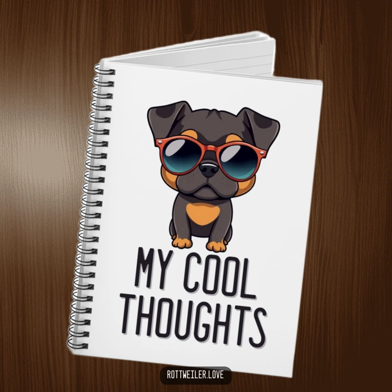 Funny Rottweiler notebook cover showing a dog wearing oversized, round sunglasses, inspiring cool thoughts and note-taking.
