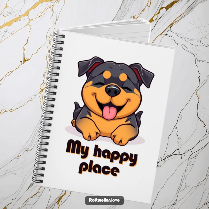 Funny Rottweiler with closed eyes, enjoying a belly rub, on a notebook cover for blissful thoughts.