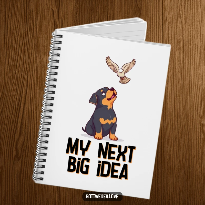 Funny Rottweiler Notebook featuring a dog looking up with enthusiasm at a soaring bird, ideal for capturing inspired ideas.
