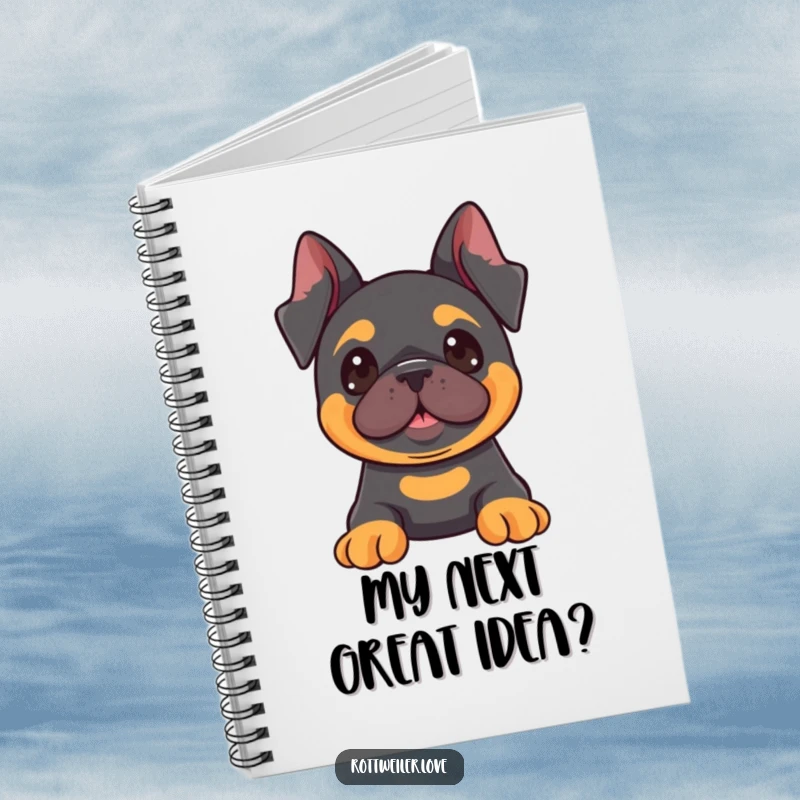 Funny Kawaii Rottweiler notebook with a dog whose ears are perked, looking towards something fun, ideal for jotting down ideas.