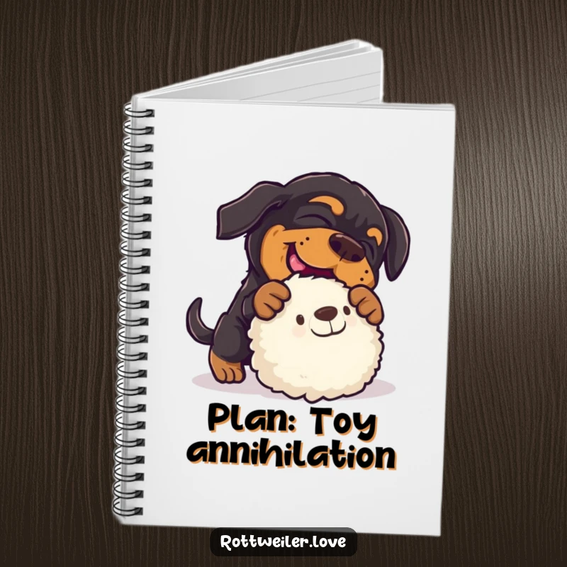 Funny rottweiler notebook capturing a dog's energetic pounce on a toy, perfect for writing notes and ideas with a humorous twist.
