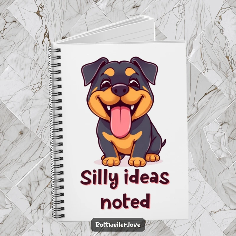 Funny Kawaii Rottweiler Notebook featuring a joyful dog with a big grin and lolling tongue, perfect for jotting down notes with cheer.