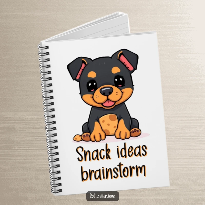 Funny Kawaii Rottweiler notebook with a cute dog offering a treat, perfect for writing down sweet ideas.