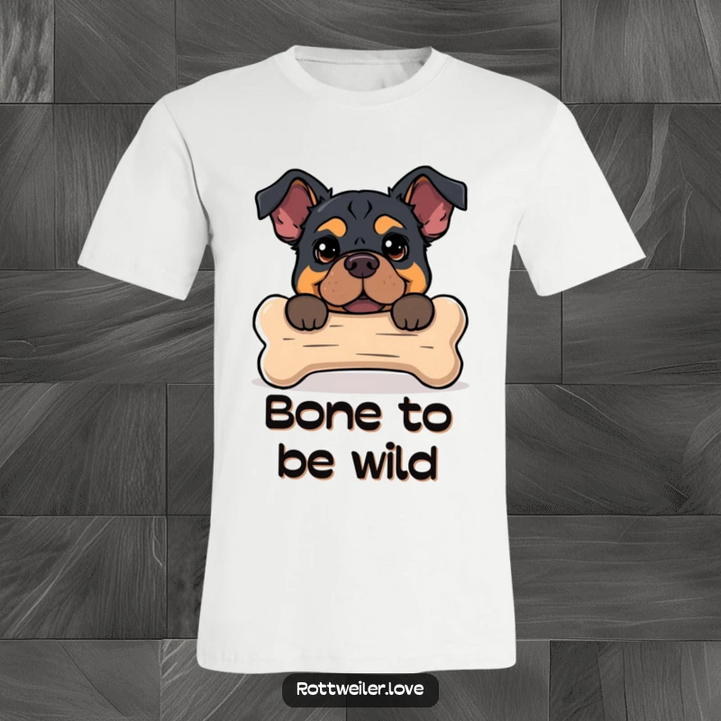 Funny t-shirt with a Rottweiler peeking slyly from behind an oversized dog bone, conveying a sense of playful mischief.