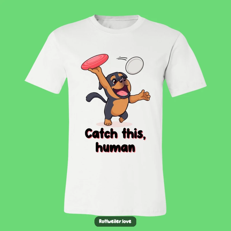 Funny Rottweiler T-Shirt: Action Dog Catching Disc, Sporty Gift!