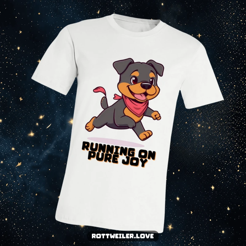 Funny Rottweiler t-shirt depicting a cool Rottweiler wearing a small bandana, caught in a moment of energetic running. Soft cotton.