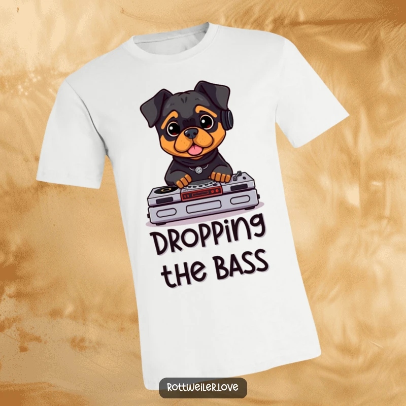 Funny Rottweiler DJ t-shirt depicting a cool Rottweiler with headphones, mixing tracks on tiny turntables. Comfortable graphic tee.
