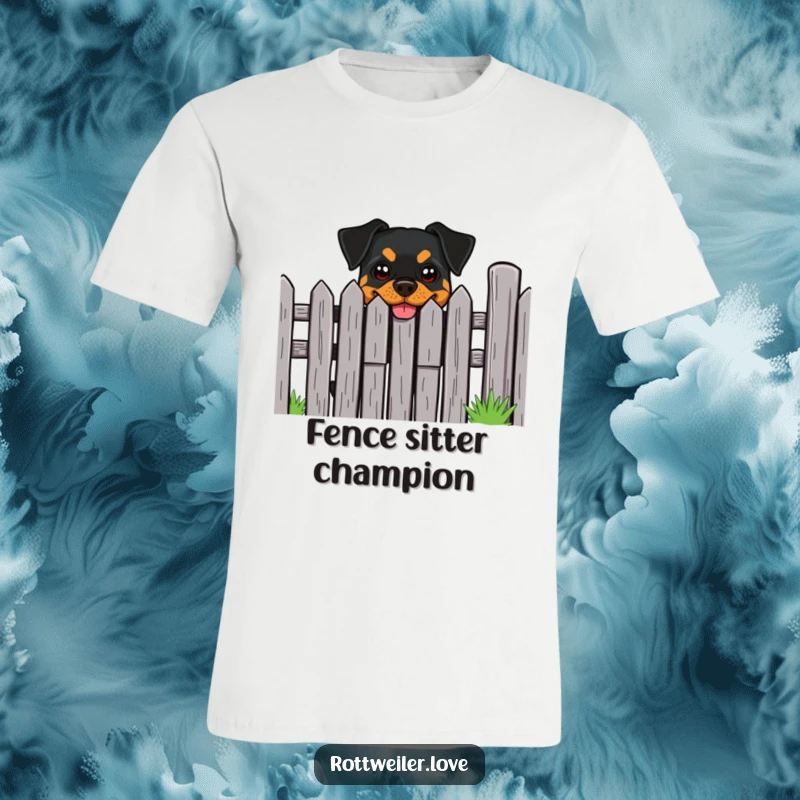 Funny Rottweiler T-Shirt: A Rottweiler with a cheeky grin peeks over a fence, a friendly guardian.