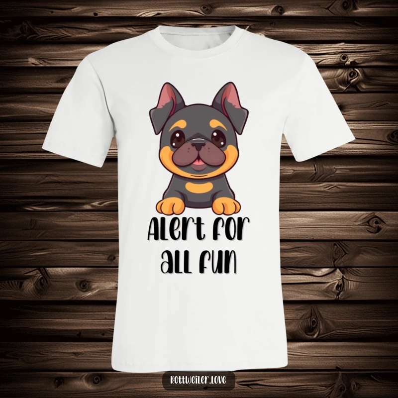 Funny Kawaii Rottweiler t-shirt featuring a dog with attentive, perked ears, looking towards something exciting and fun with eagerness.