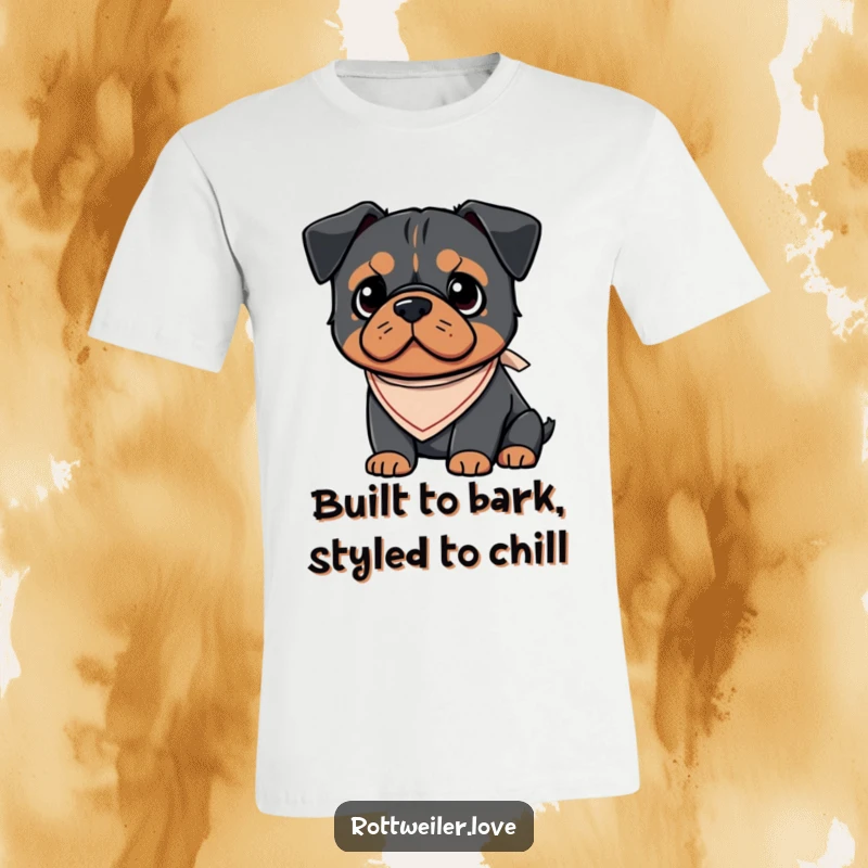 Funny Kawaii Rottweiler t-shirt showing a charming dog wearing a small, cute bandana, radiating happiness and adorable style.