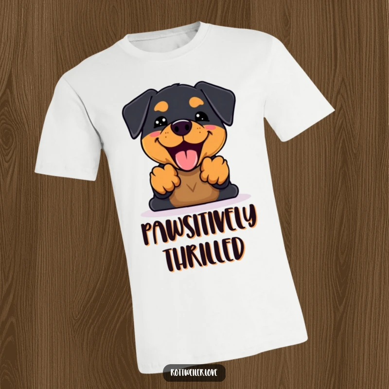 Funny Kawaii Rottweiler T-Shirt depicting an excited dog with front paws up, enthusiastically barking, embodying playful energy and canine happiness.