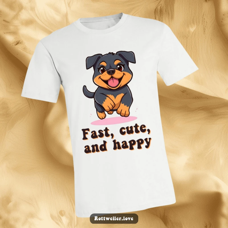Funny Kawaii Rottweiler t-shirt depicting a dog running with determination and cheerfulness, embodying active and happy vibes.