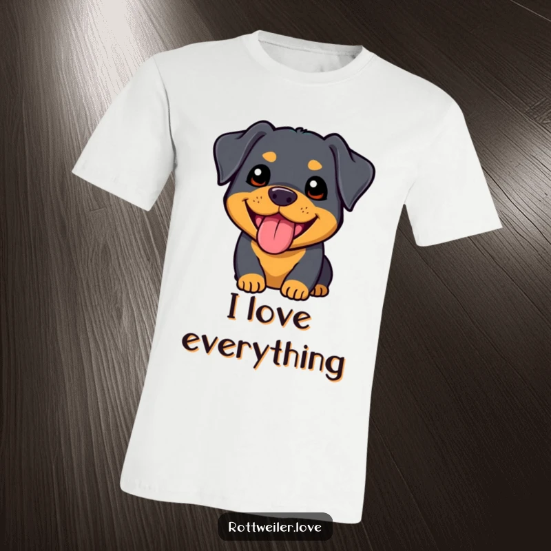 Funny kawaii rottweiler t-shirt depicting a super cute dog with a happy panting smile, perfect for dog lovers.