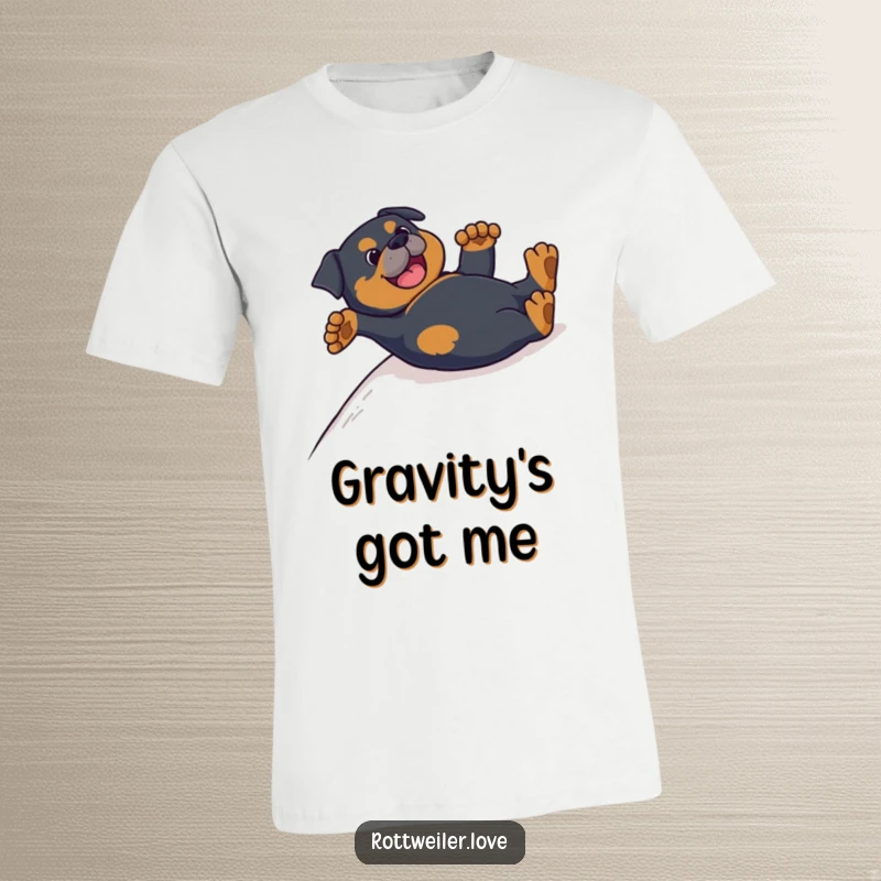 Funny Rottweiler t-shirt showing a happy dog sliding on its back, paws flailing in the air during a fun descent.