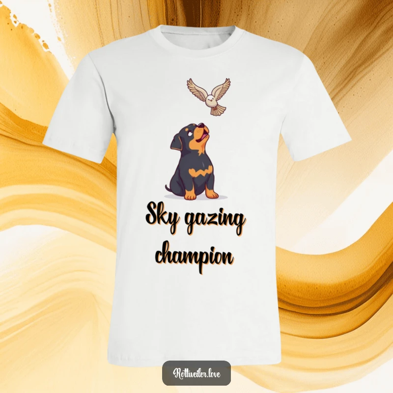 Funny Rottweiler T-Shirt featuring a dog looking up with enthusiasm at a soaring bird, celebrating the wonders of the sky.