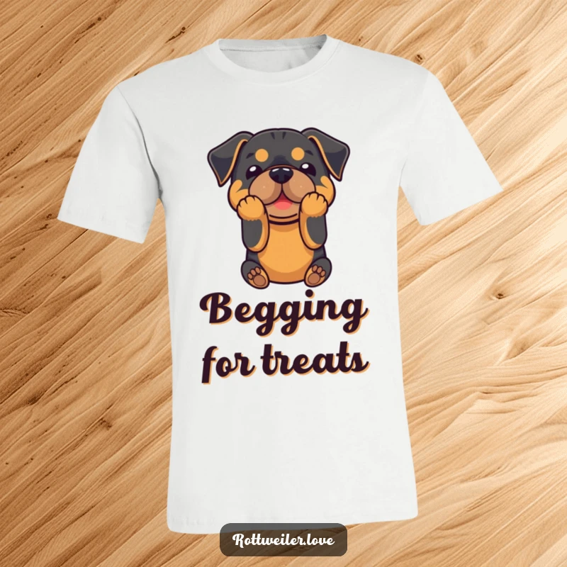 Funny t-shirt featuring a Rottweiler striking a comical, playful bow with its front paws, conveying a friendly and humorous personality.