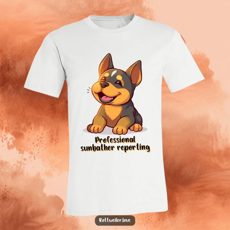 Funny Rottweiler t-shirt featuring a dog happily sighing while basking in warm sunlight, radiating ultimate contentment and peace.
