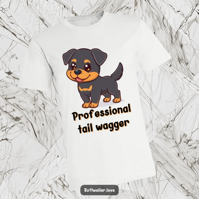 Funny Rottweiler T-Shirt featuring a joyful dog with bright, attentive eyes and a vigorously wagging tail, celebrating dog love.