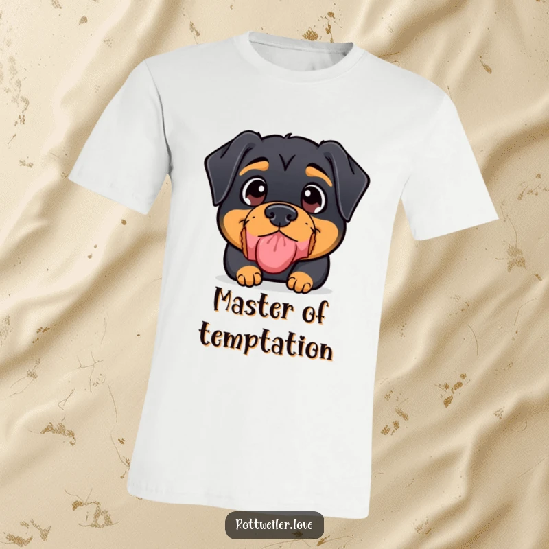 Funny Rottweiler T-Shirt showcasing a kawaii rottweiler with big, earnest eyes perfectly balancing a tasty treat on its snout.