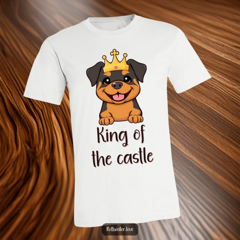 Funny t-shirt displaying a smiling Rottweiler adorned with a tiny crown, embodying canine nobility and humorous charm.