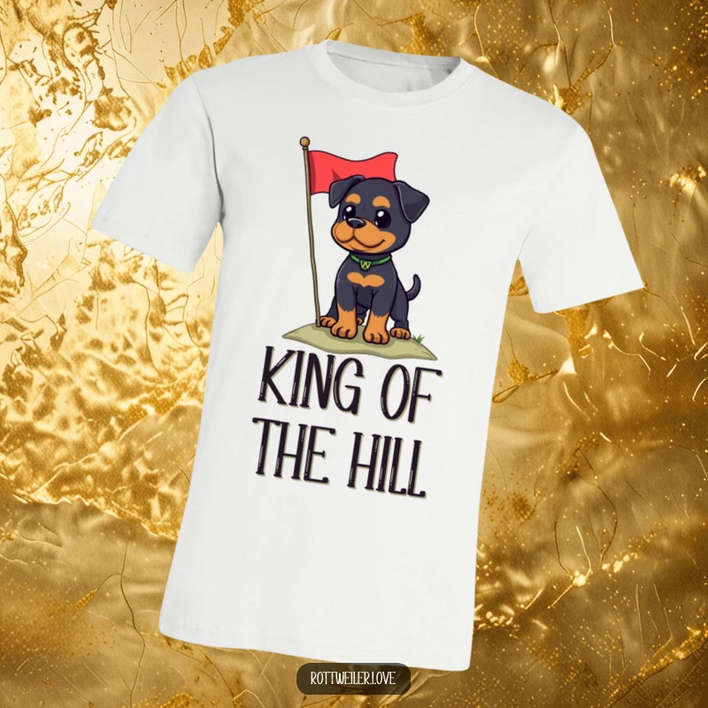 Funny Rottweiler dog standing tall on a hill with a flag, radiating patriotic humor on this t-shirt.