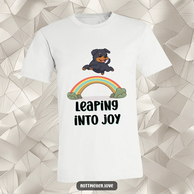 Funny Rottweiler dog leaping over a rainbow bridge, representing heartwarming pet memorial humor on this t-shirt.
