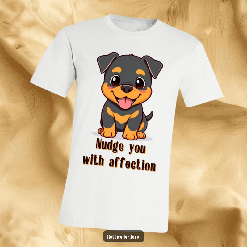 Funny Kawaii Rottweiler t-shirt featuring a happy dog offering a friendly and affectionate head nudge, conveying warmth and sweetness.