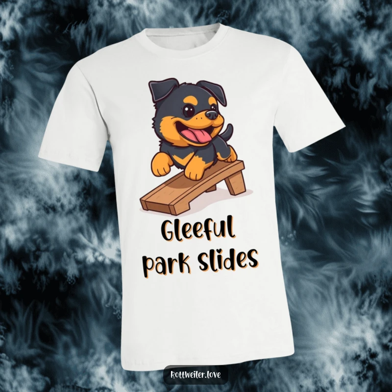Funny Rottweiler t-shirt depicting a happy Rottweiler sliding down a ramp with extreme joy. Comfortable and durable cotton.
