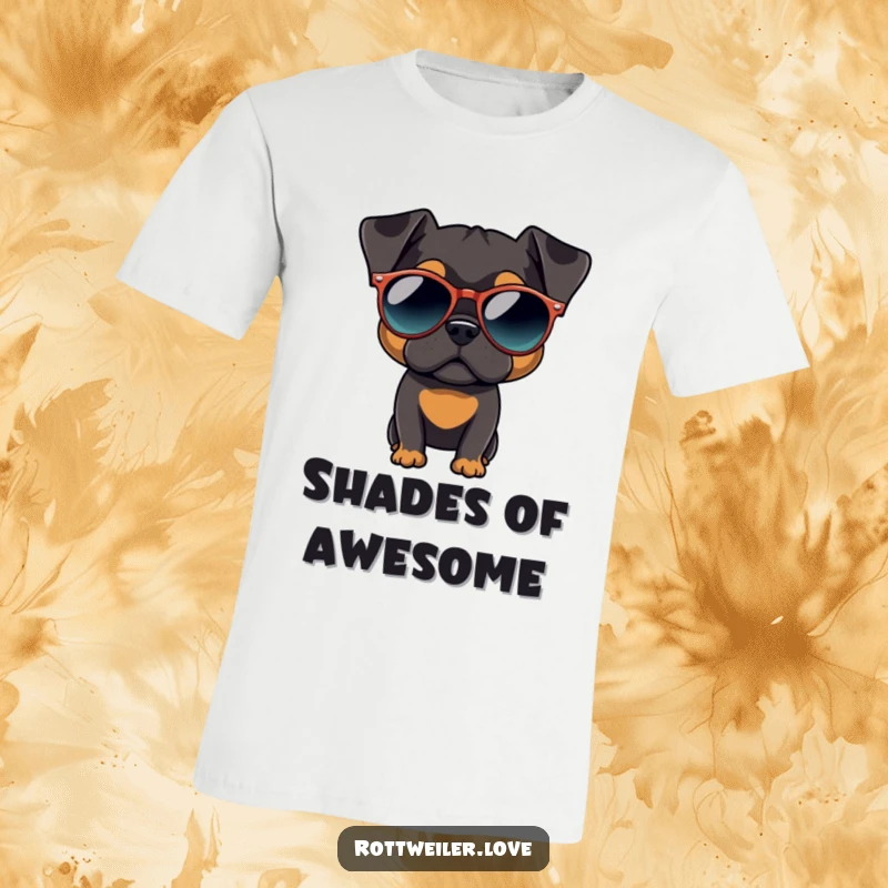 Funny Rottweiler t-shirt with a dog rocking oversized, round sunglasses, exuding an undeniably cool and chill attitude.