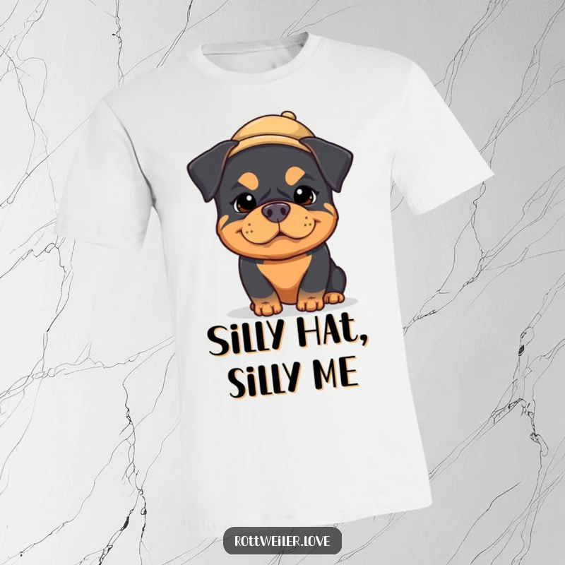 Funny kawaii rottweiler t-shirt showcasing a dog with a silly, wide-eyed expression and a miniature hat, radiating pure fun.