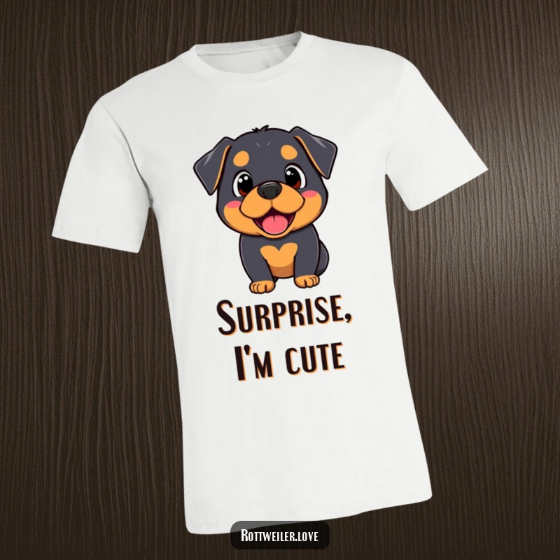 Funny Kawaii Rottweiler t-shirt showcasing a dog’s hilariously surprised yet joyful expression, perfect for lovers of adorable reactions.