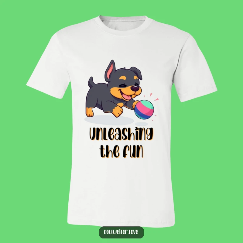 Funny Kawaii Rottweiler T-Shirt: Playful pup chasing toy, a hilarious funny gift for any dog fanatic.