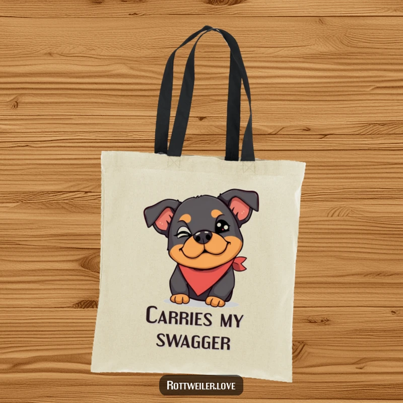 Funny Rottweiler tote bag showing a dog wearing a silly bandana and giving a playful wink, a stylish and humorous accessory.