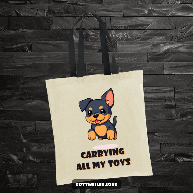 Funny Rottweiler Tote Bag featuring a kawaii rottweiler with giant ears in a jubilant jumping pose, tail a blur of motion.