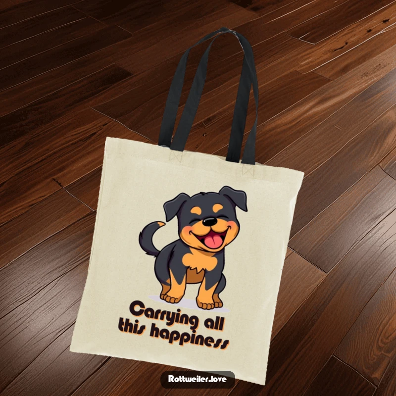 Funny Rottweiler Tote Bag: A cute tote featuring a Rottweiler wiggling its body with extreme joy and a fast-wagging tail.
