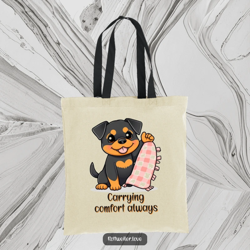 Funny Rottweiler Tote Bag showcasing a dog enthusiastically waving a small, checkered blanket, perfect for carrying cozy essentials.