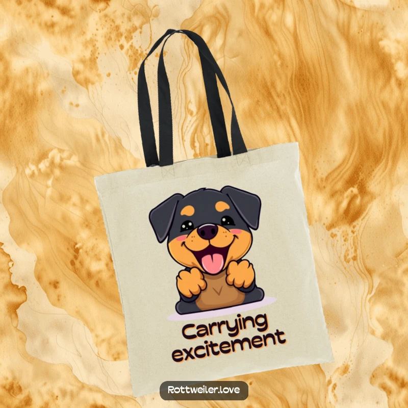 Funny Kawaii Rottweiler Tote Bag showcasing an excited pup barking with front paws up, perfect for stylishly carrying your belongings with a smile.