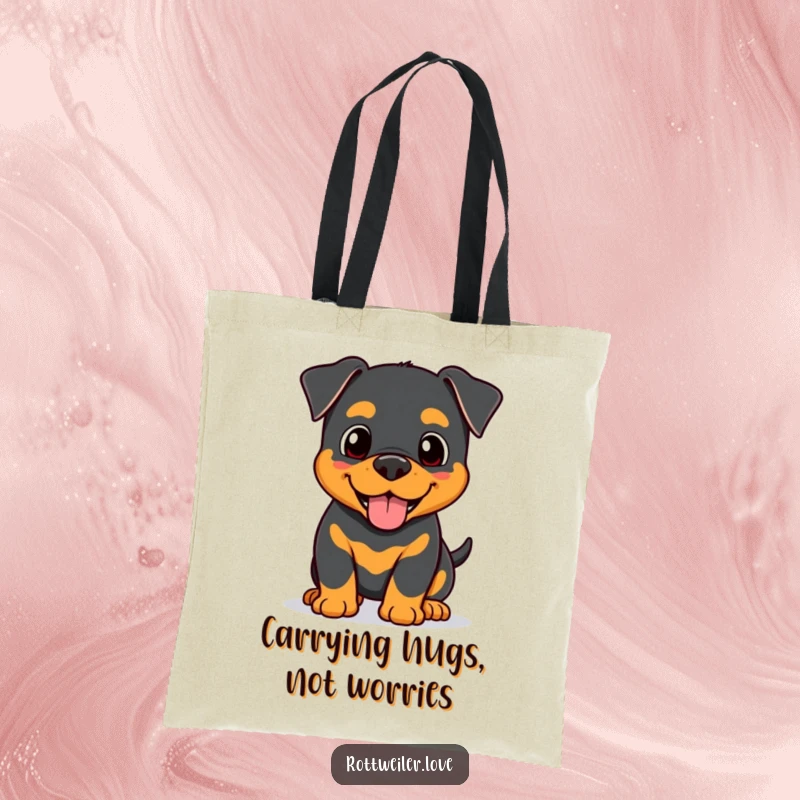 Funny Kawaii Rottweiler tote bag depicting a happy dog offering a gentle, affectionate head nudge, perfect for everyday use.