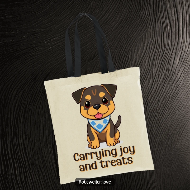 Funny Rottweiler tote bag featuring a dog in a bandana with a wagging tail, a practical and humorous accessory.