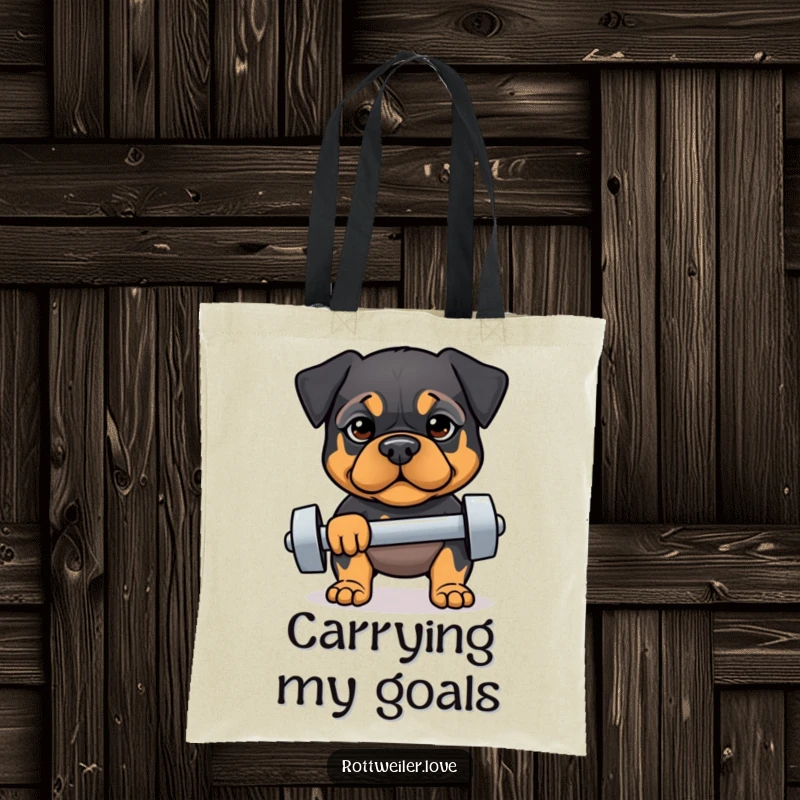 Funny tote bag featuring a determined Rottweiler lifting a small dumbbell, perfect for carrying gym essentials with humorous inspiration.