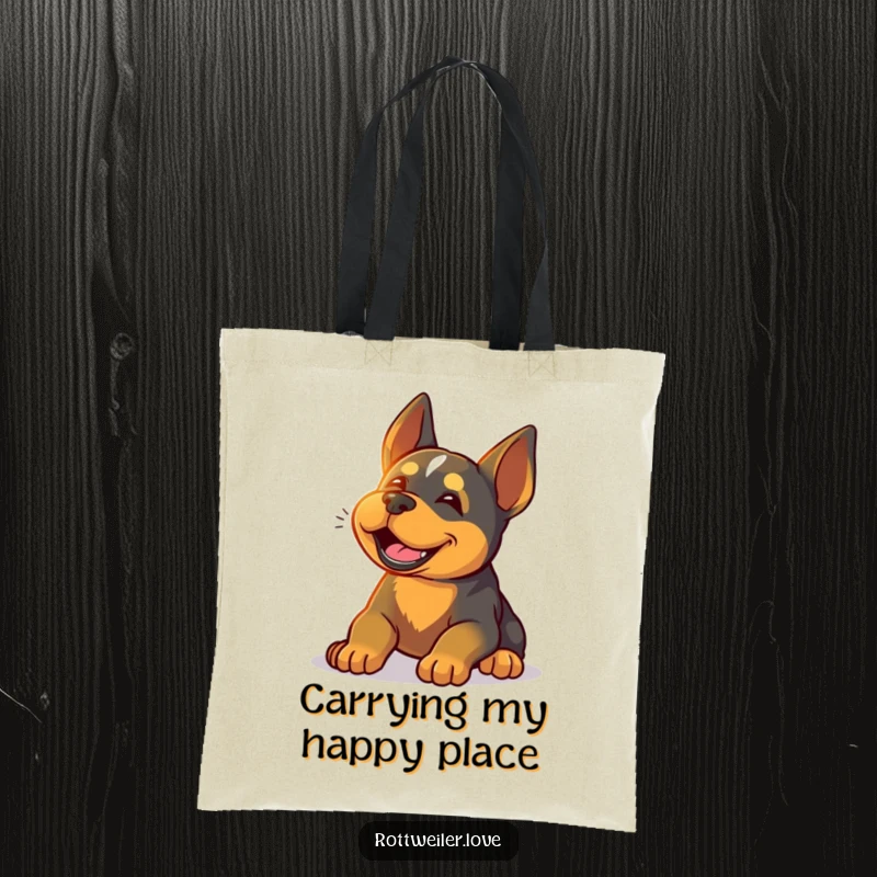 Funny Rottweiler tote bag featuring a happy dog sighing contentedly while basking in warm sunlight, perfect for carrying essentials with a relaxed vibe.