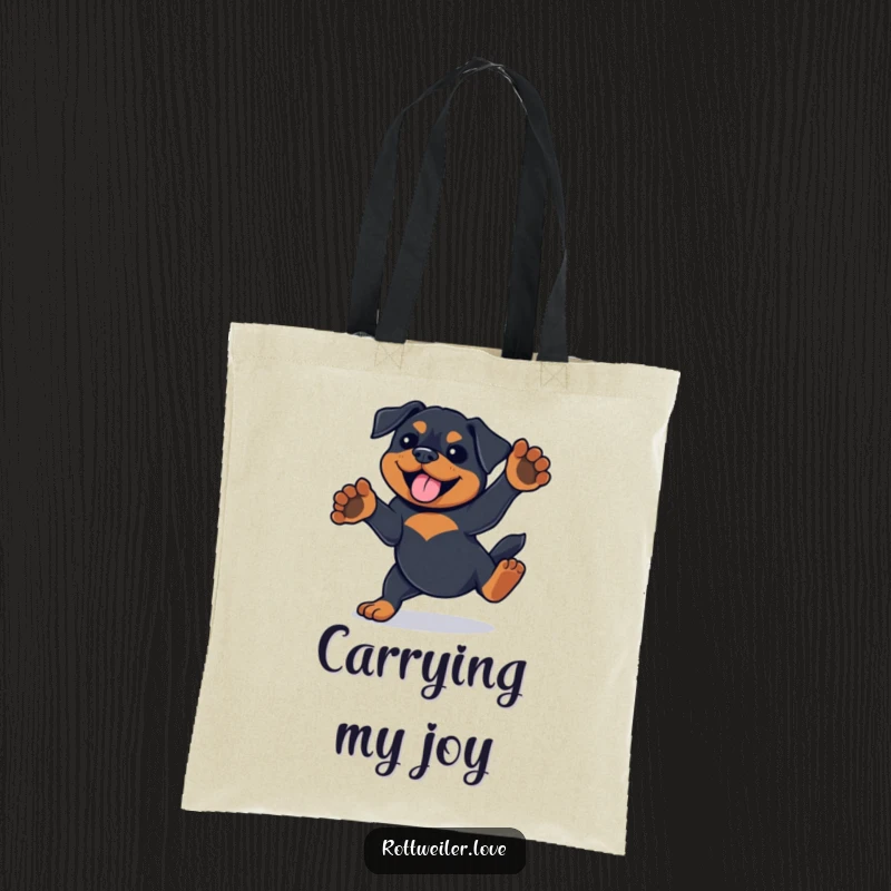 Funny Rottweiler dog spinning playfully with paws in the air, featured on a sturdy and charming tote bag.