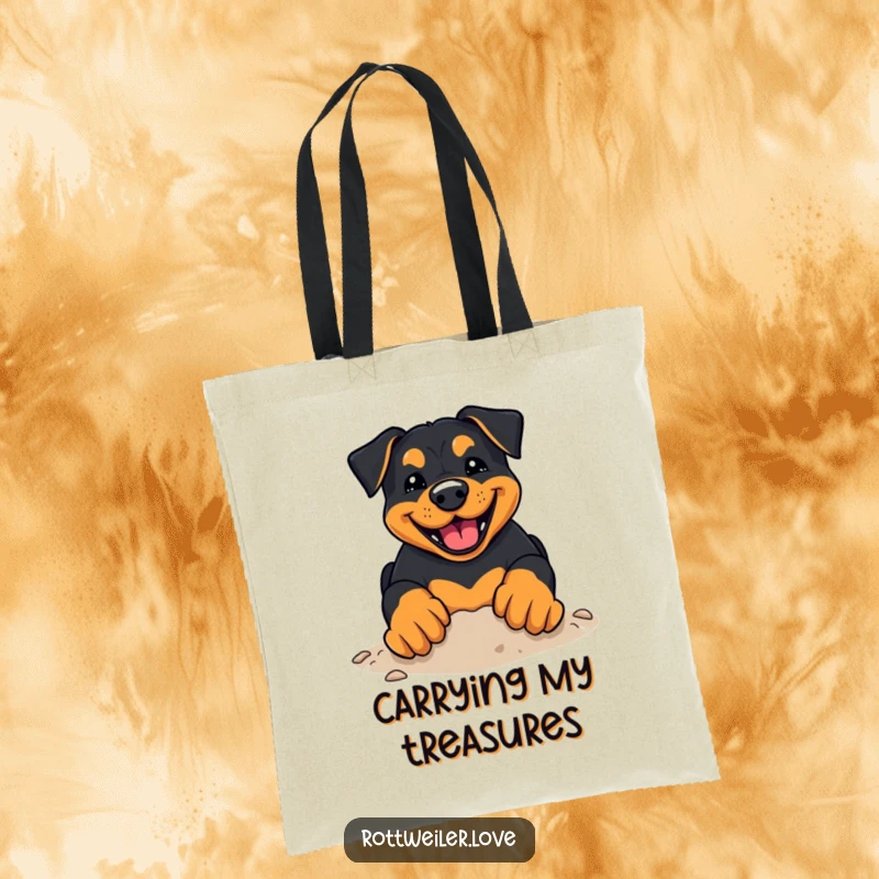 Funny Rottweiler Tote Bag designed with a kawaii rottweiler's happy grin as it energetically digs with its paws.
