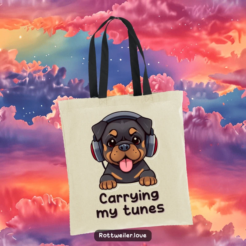 Funny tote bag featuring a Rottweiler with oversized headphones, bopping its head, perfect for carrying music and humorous vibes.