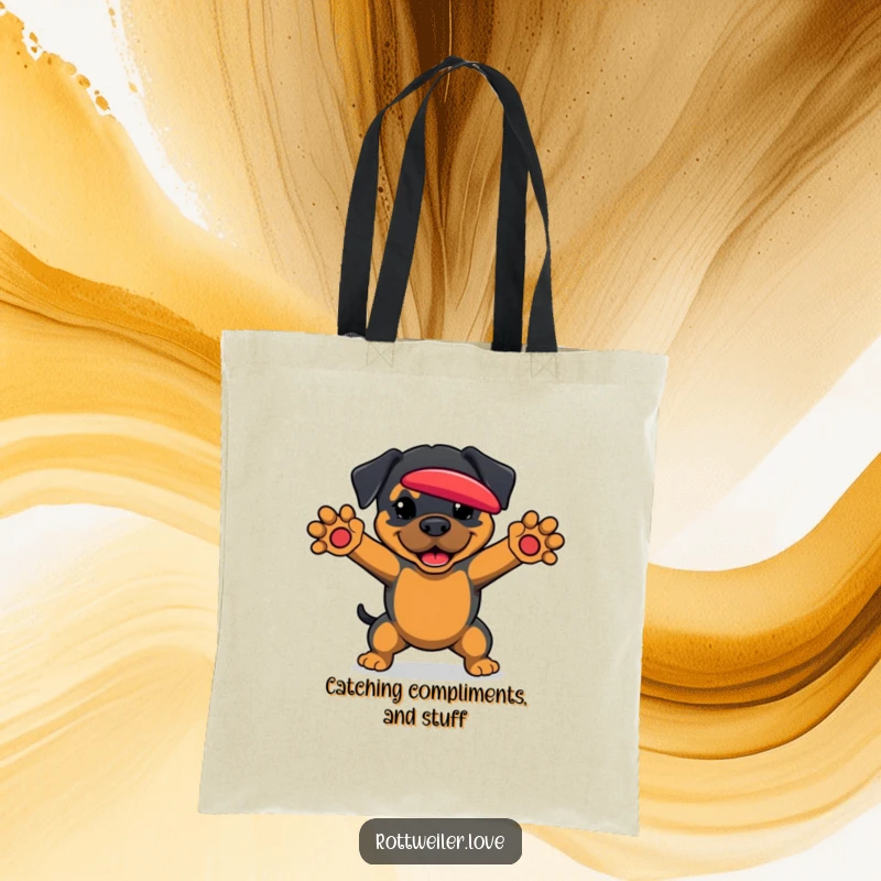 Funny Rottweiler Tote Bag featuring a dog with paws outstretched, ready to catch a frisbee, perfect for active lifestyles.