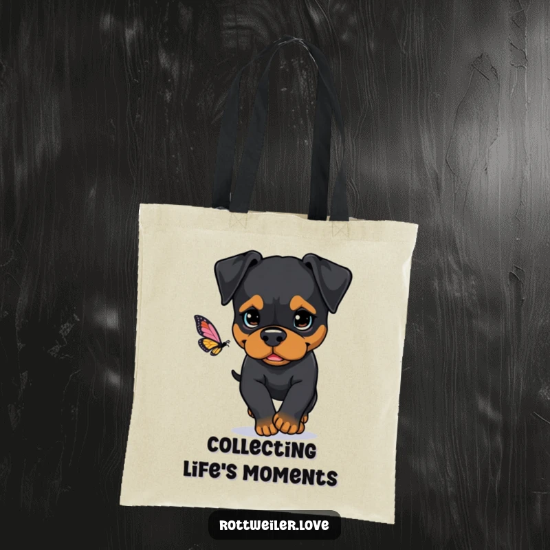 Funny Rottweiler tote bag featuring a determined dog chasing a butterfly, perfect for carrying your essentials with a sense of purpose.