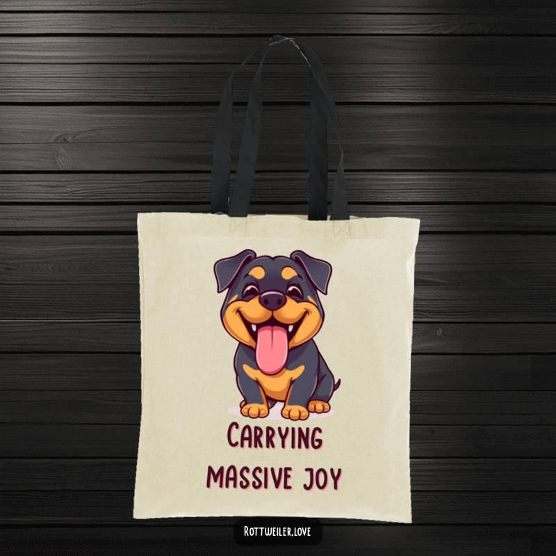Funny Kawaii Rottweiler Tote Bag showcasing a happy dog with a joyful grin and lolling tongue, perfect for stylishly carrying your belongings.