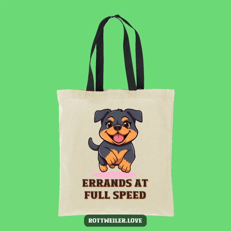 Funny Kawaii Rottweiler Running Tote Bag, Determined Dog Lover Carryall, Cheerful Pup Bag