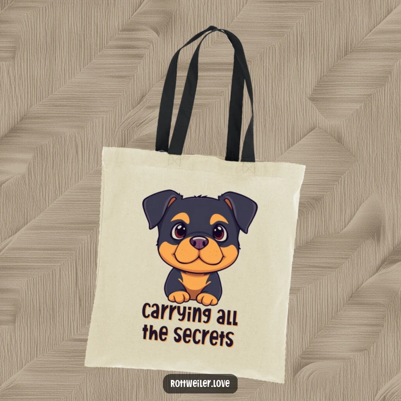 Cute rottweiler with ears perked, listening intently on a durable and humorous tote bag, ready for any task.